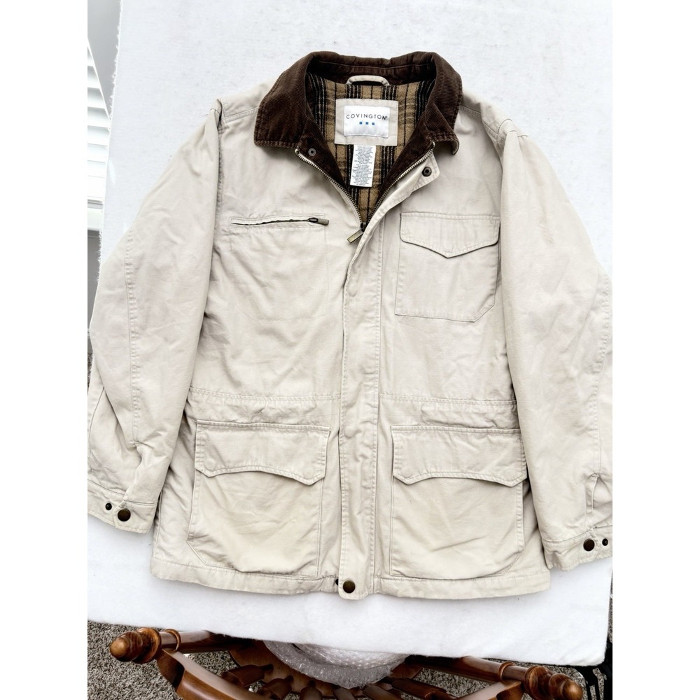 VTG Barn Chore Coat Men's L Brown Tan Corduroy Collar Flannel Lined 90s NICE